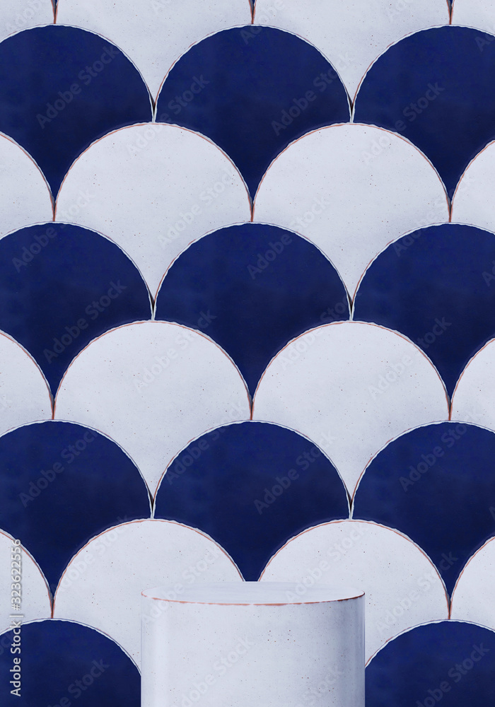 Fototapeta premium Abstract background for branding and minimal presentation.White ceramic podium on white and blue Moroccan fish scales tile pattern background. 3d rendering illustration.