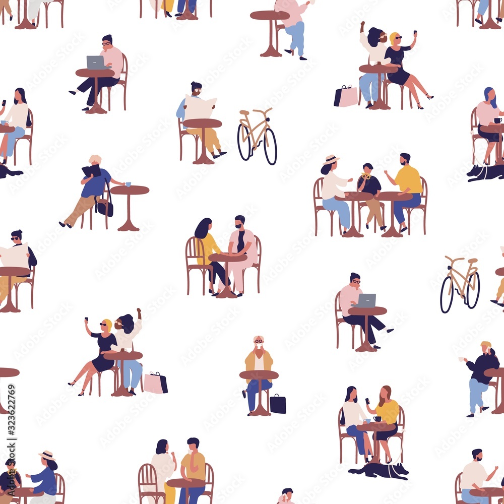 Summer outdoor cafe with relaxing cartoon people seamless pattern. Colorful men, women and children spending time together at coffehouse vector flat illustration. Person leisure at street bistro