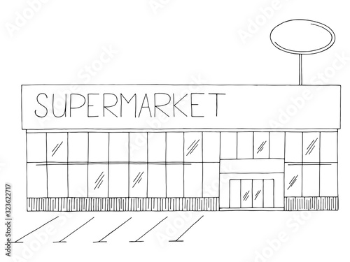Supermarket exterior store building graphic black white isolated sketch illustration vector