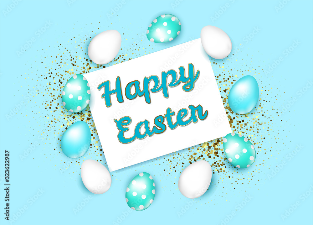 happy easter, realistic vector illustration with gold glitter and bright decorated eggs.
