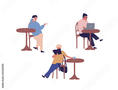 Set of different people sitting at street cafe vector flat illustration