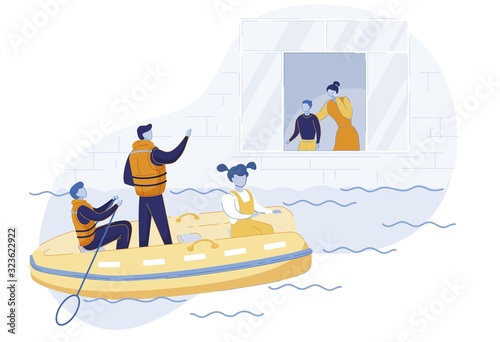 Rescuers near Flooded House Vector Illustration. Rescue Team in Inflatable Boat Saving Woman with Children Cartoon Characters. Emergency Service Workers Helping Natural Disaster Victims