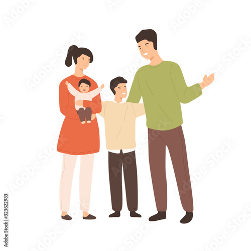 Smiling cartoon family with two cute children isolated on white background