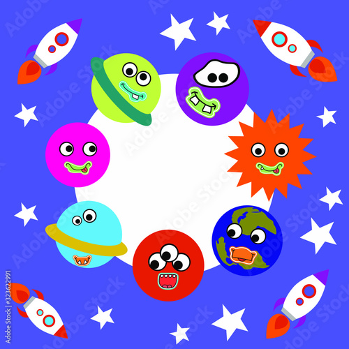 Children's card from the planets. Funny planets with funny faces. Cute rockets and stars. Cartoon style. Stock illustration.