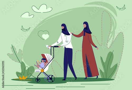 Arabic Family Walking with Happy Daughter in Park Flat Cartoon Vector illustration. Muslim Parentsr Going with Kid in Pram. People in Headscarf Clothing Walking Outdoor with Child.