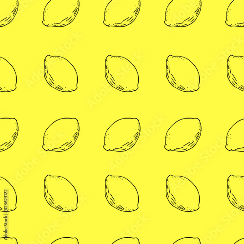 Seamless with lemons. Repeat limes on the yellow background. Citrus pattern with hand drawn fruits.