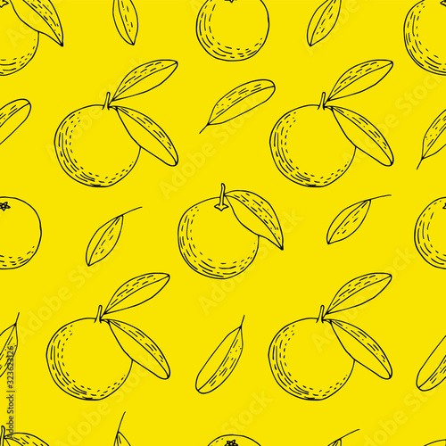 Hand drawn mandarins, oranges seamless. Pattern with outline citruses. Fresh fruits on yellow background. Wallpaper with sketch fruits.