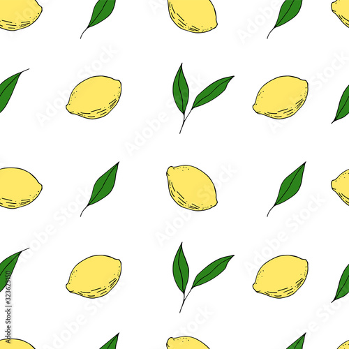 Seamless with hand drawn lemons. Fresh citrus vector pattern. Limes and leaves background.