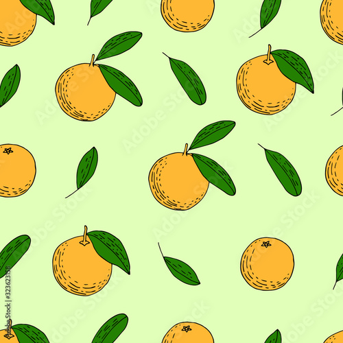 Seamless with mandarins. Citrus vector pattern with hand drawn color outline mandarins, oranges, leaves. Fruits background.