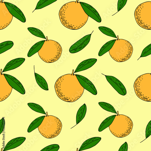 Seamless with mandarins. Citrus vector pattern. Hand drawn color outline mandarins, oranges, leaves background.