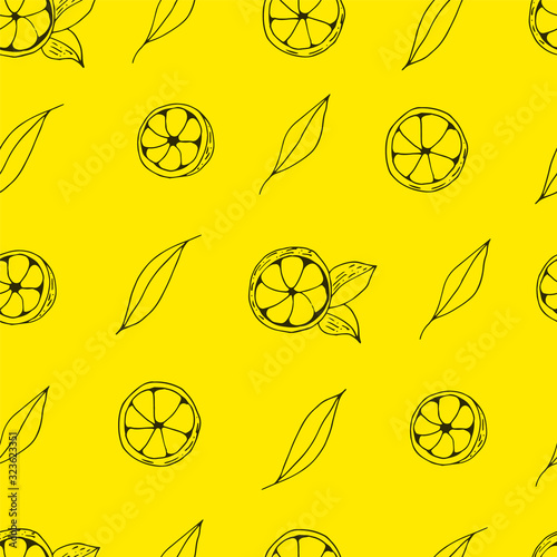 Seamless with lemons. Pattern with outline limes. Hand drawn citrus on yellow background. Sketch fruits seamless.