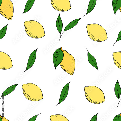 Seamless with hand drawn lemons and leaves. Fresh citrus vector pattern. Limes color background.