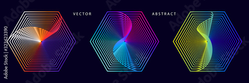 Set of Colorful Hexagonal Graphic Elements on Dark Background. Abstract Optical Illusion Vector Symbols.