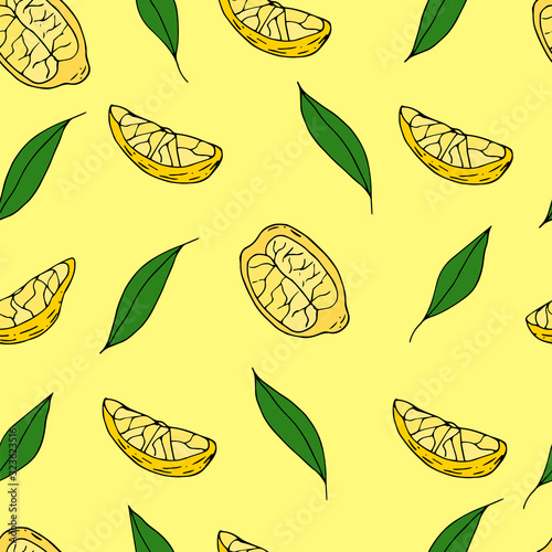 Hand drawn color lemons and leaves seamless. Citrus vector pattern. Fresh limes on yellow background.