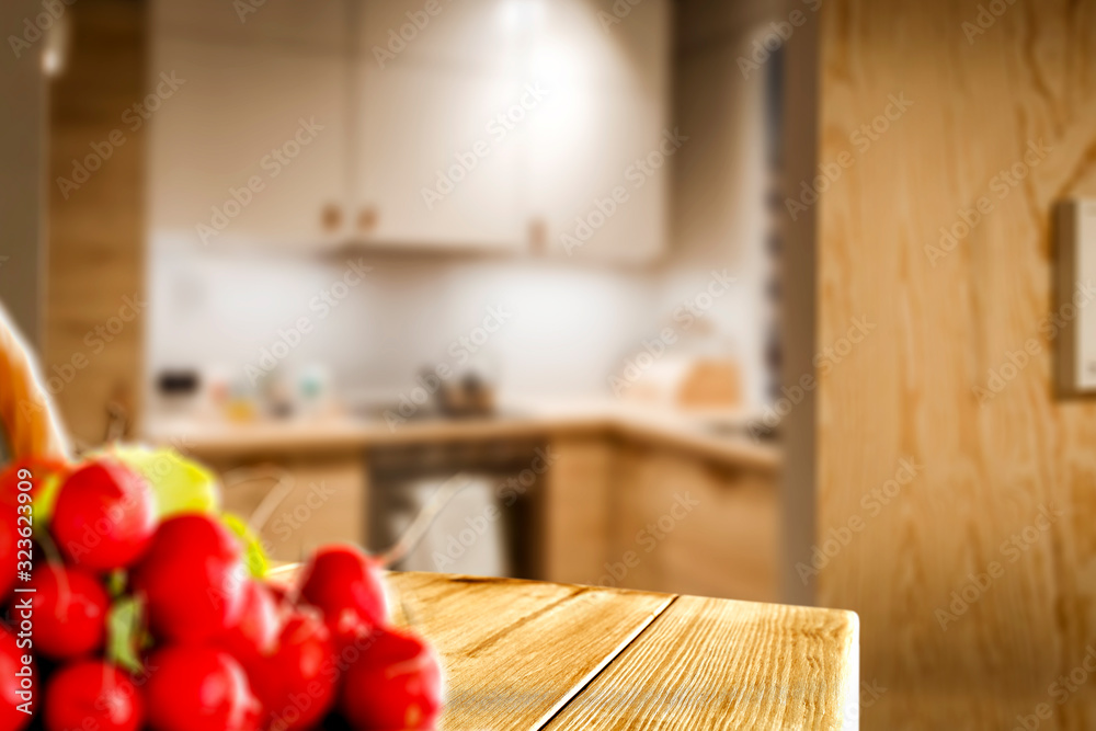 Table background of free space and kitchen interior 