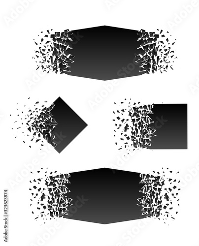 Abstract black explosion isolated on white background. Vector set square destruction shapes with debris. Black square banner with debris and 3d effect of particles. Geometric illustration.