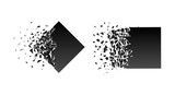 Abstract black explosion isolated on white background. Vector set square destruction shapes with debris. Black square banner with debris and 3d effect of particles. Geometric illustration.