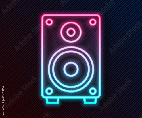 Glowing neon line Stereo speaker icon isolated on black background. Sound system speakers. Music icon. Musical column speaker bass equipment. Vector Illustration