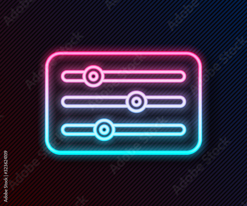 Glowing neon line Sound mixer controller icon isolated on black background. Dj equipment slider buttons. Mixing console. Vector Illustration