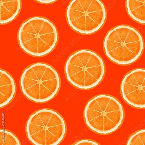 Background of half cut oranges on orange background. Bright summer background. Orange Fruits seamless pattern. Oranges texture design for textiles, wallpaper, fabric
