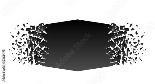 Abstract black explosion isolated on white background. Vector square destruction shapes with debris. Black square banner with debris and 3d effect of particles. Geometric illustration.