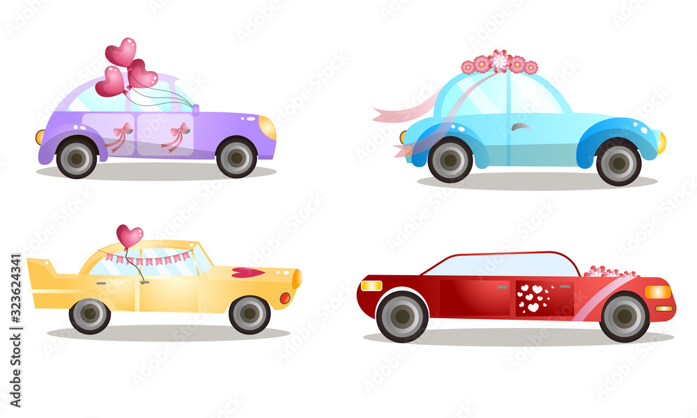 Naklejka premium Decorated wedding procession cars with balloons and flowers vector illustration