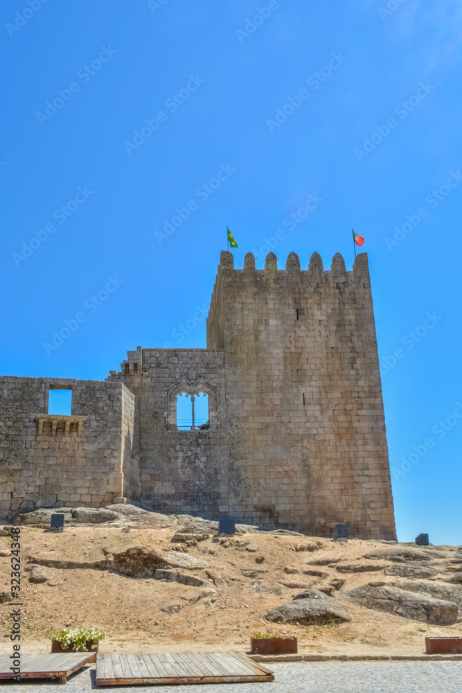 View at the exterior front facade of medieval Belmonte Castle, iconic monument building at the Belmonte village, portuguese patrimony
