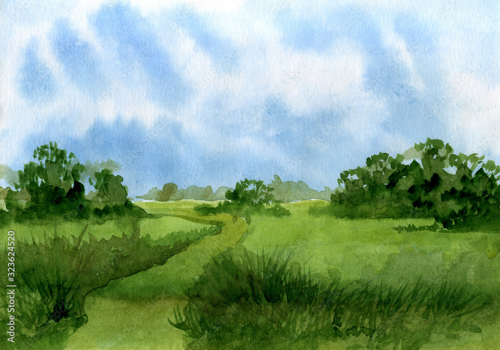 Watercolor landscape, spacious view with trees up to the horizon. Watercolor landscape, spacious view with trees up to the horizon.