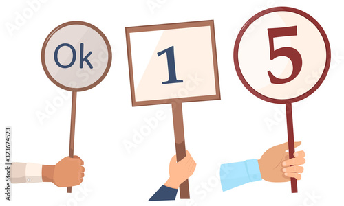 Set of judges hands with marks and scores vector illustration