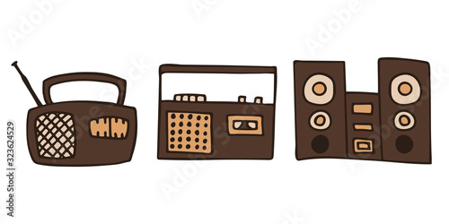 set of retro cartoon doodle radio and music system drawing over white background. isolated vector illustration