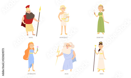 Greek gods and goddesses in special traditional costumes vector illustration