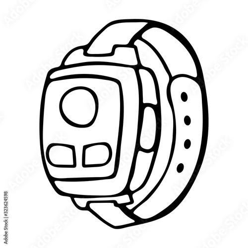Fitness tracker smart watch, cartoon doodle vector style. Modern stylish wearable device. isolated outline illustration