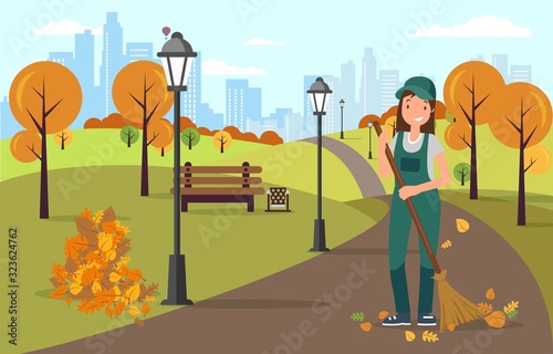 Woman Janitor Sweeping and Cleaning Road from Leaves with Broom in Hands Flat Cartoon Vector Illustration. Street Cleaner Character Wearing Hat and Uniform in Park. Autumn Season.