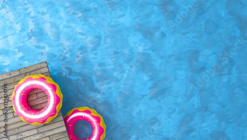 colorful inflatable ring donut toy in swimming pool water,3d rendering