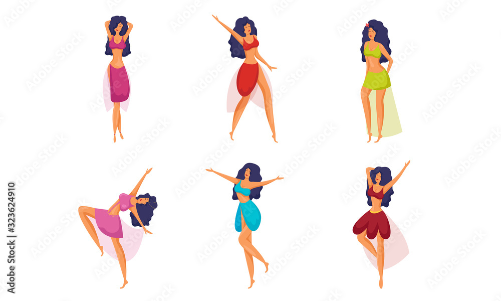 Young sexy women in colorful costumes dancing vector illustration