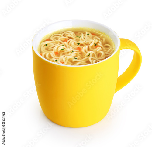 Konstfotografi Hot cup of instant chicken noodle soup isolated on white background