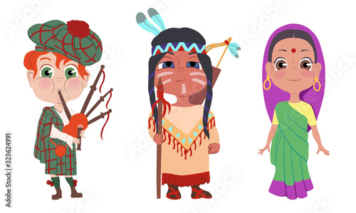 Men and women wearing different national costumes vector illustration