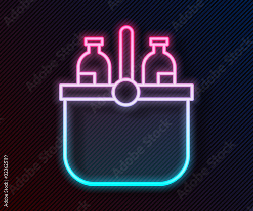 Glowing neon line Cooler bag and water icon isolated on black background. Portable freezer bag. Handheld refrigerator. Vector Illustration