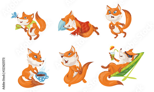 Red-haired foxes with blue eyes doing everyday things vector illustration