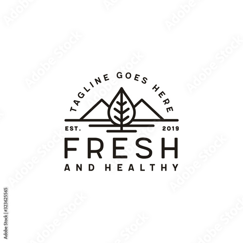 Landscape Hills Mountain Peaks with Natural Fresh Tree Leaf Vector logo design