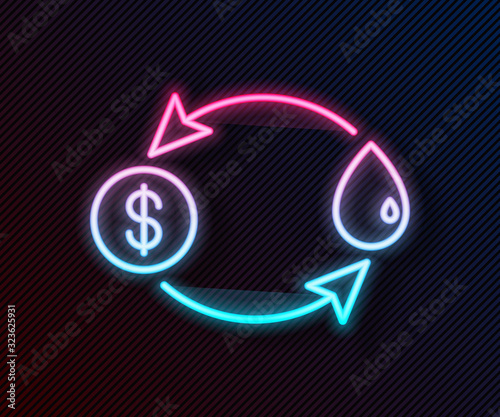 Glowing neon line Oil exchange, water transfer, convert icon isolated on black background. Vector Illustration
