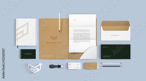 Stationery mockup vector set. Corporate identity premium branding design. Template for business and respectable company. Folder and A4 letter, visiting card and envelope based on minimal brown logo.