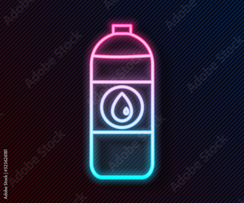 Glowing neon line Plastic canister for motor machine oil icon isolated on black background. Oil gallon. Oil change service and repair. Vector Illustration