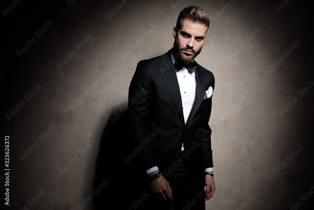 Fototapeta premium sexy young fashion model in tuxedo posing in a fashion light