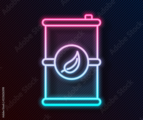 Glowing neon line Bio fuel barrel icon isolated on black background. Eco bio and canister. Green environment and recycle. Vector Illustration