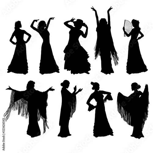 Woman in long dress stay in dancing pose. flamenco dancer, spanish. beautiful female profile black silhouette Isolated on white background. Vector