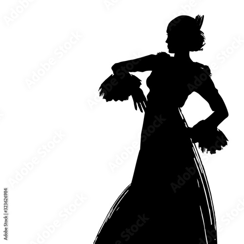 Woman in long dress stay in dancing pose. flamenco dancer, spanish. beautiful female profile black silhouette Isolated on white background. Vector