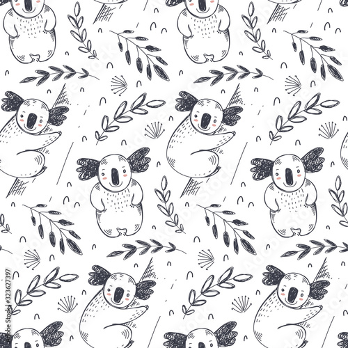 Vector seamless pattern with hand drawn koala animals and plants. Black and white endless background.