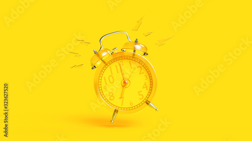 Yellow alarm clock with clipping path. Alarm at 07.00. Minimal idea concept, 3D Render.