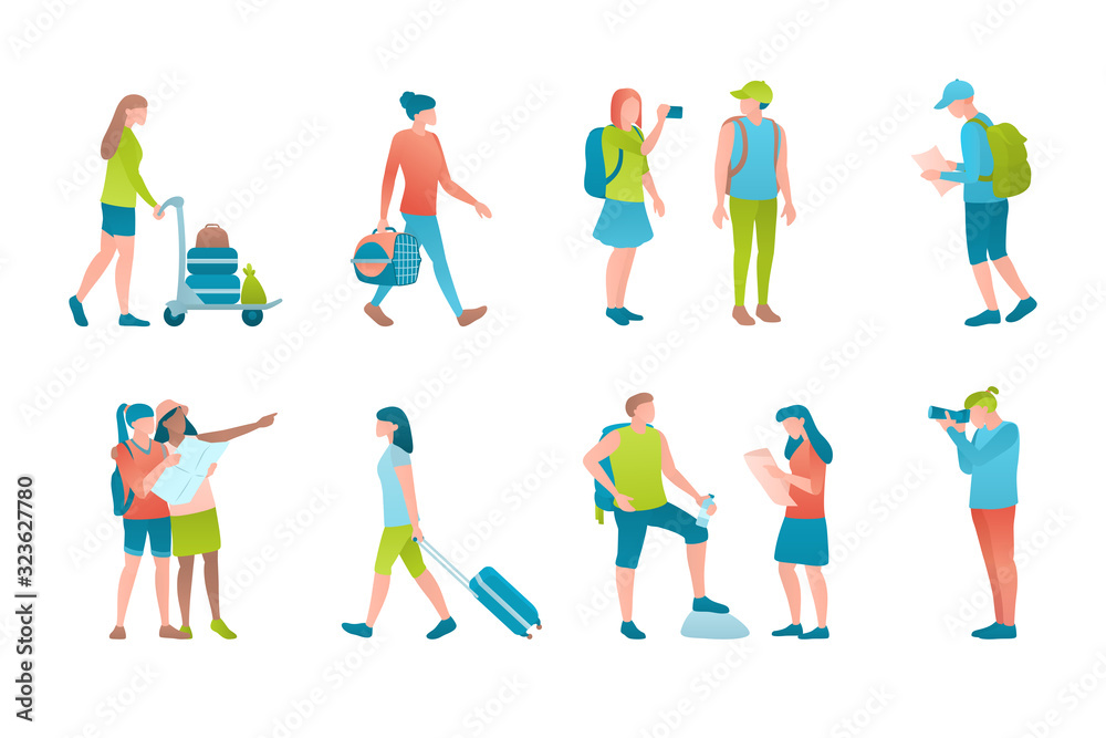 Turists at vector flat illustration set. Travellers at the airport are photo shooting, carrying luggage and holding the travel map. Concept set of globetrotter people on a white background.